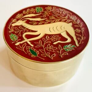 Vintage Brass & Enamel Trinket Box Red Cloisonné-Style Antelope Design